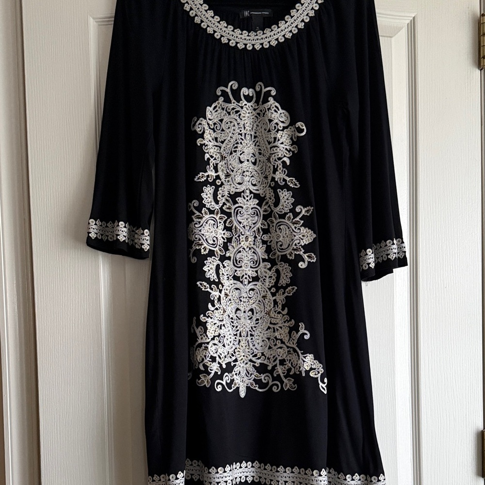 INC International Concepts Black Dress with Cream Embroidery